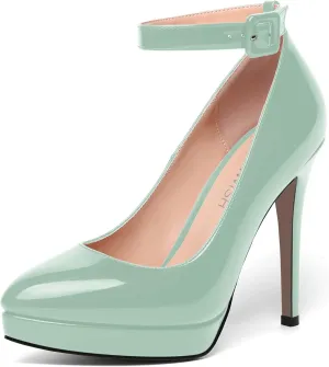ROSERWISH Womens Ankle Strap Platform Elegant Pointed Toe Night Club Buckle Sexy Patent Stiletto High Heel Pumps Dress Shoes 4.7 Inch