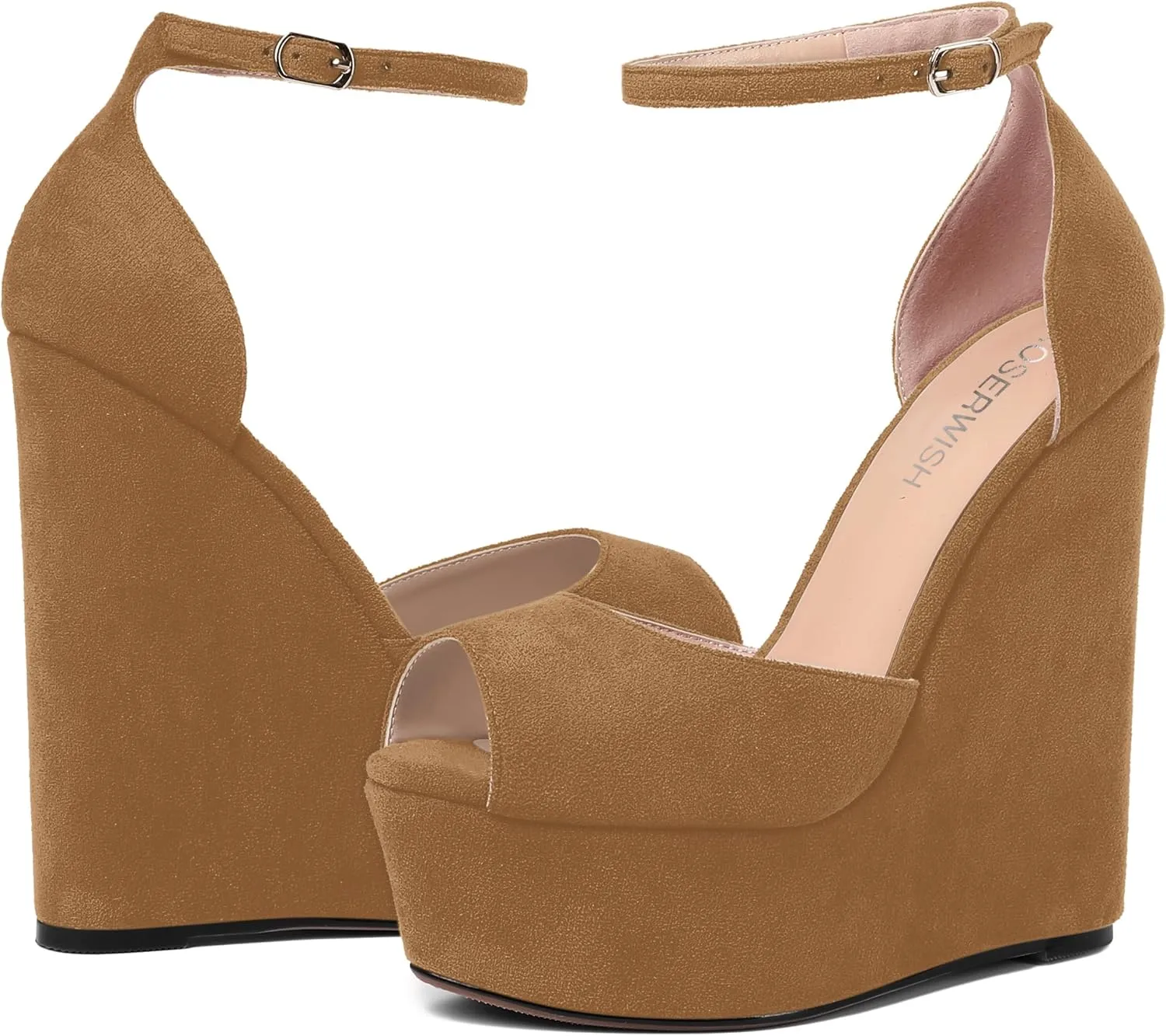 ROSERWISH Womens Sexy Peep Toe Night Club Ankle Strap Suede Buckle Platform Fashion Wedge High Heel Pumps Shoes 6 Inch