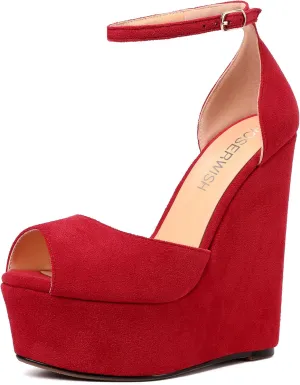 ROSERWISH Womens Sexy Peep Toe Night Club Ankle Strap Suede Buckle Platform Fashion Wedge High Heel Pumps Shoes 6 Inch