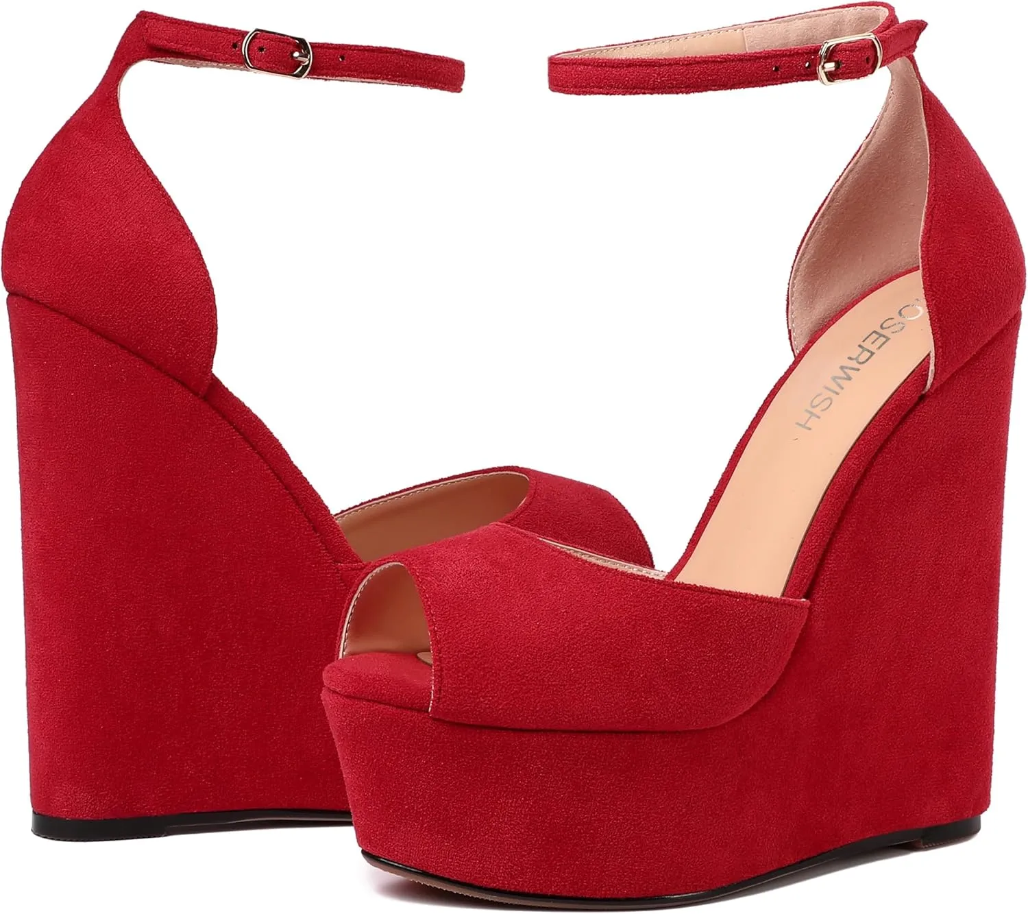 ROSERWISH Womens Sexy Peep Toe Night Club Ankle Strap Suede Buckle Platform Fashion Wedge High Heel Pumps Shoes 6 Inch
