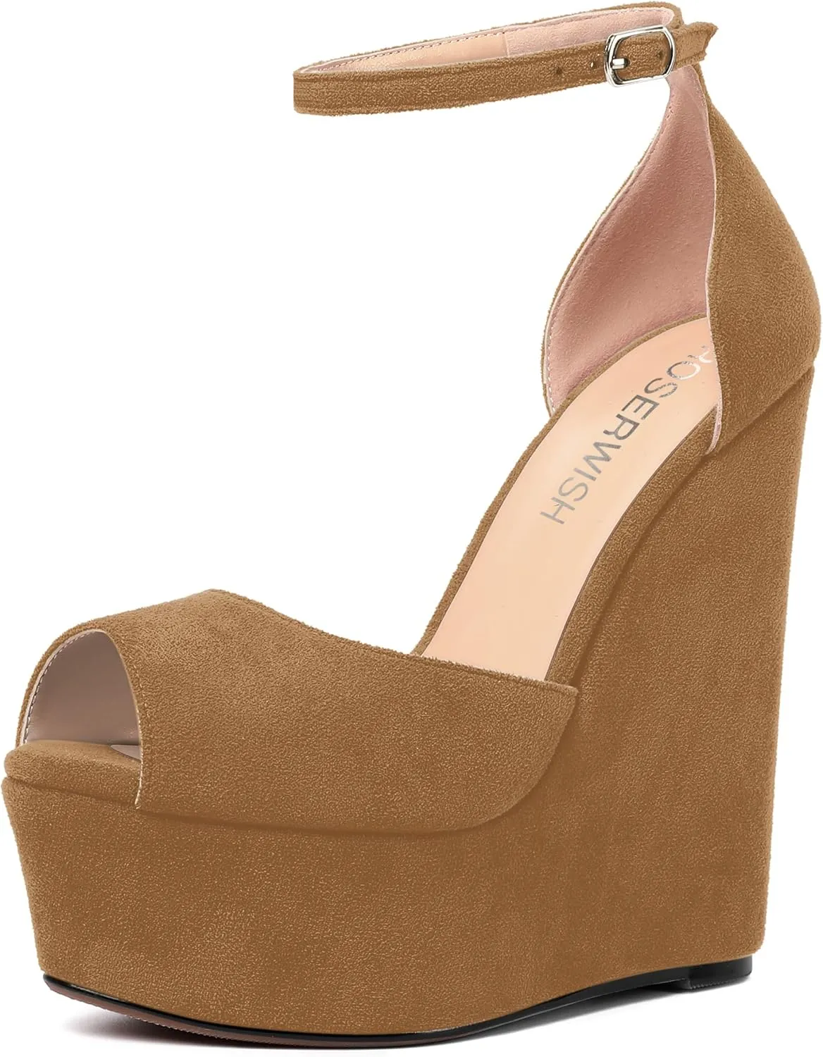 ROSERWISH Womens Sexy Peep Toe Night Club Ankle Strap Suede Buckle Platform Fashion Wedge High Heel Pumps Shoes 6 Inch