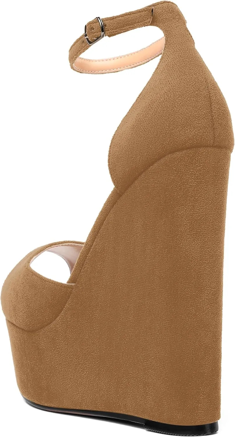 ROSERWISH Womens Sexy Peep Toe Night Club Ankle Strap Suede Buckle Platform Fashion Wedge High Heel Pumps Shoes 6 Inch