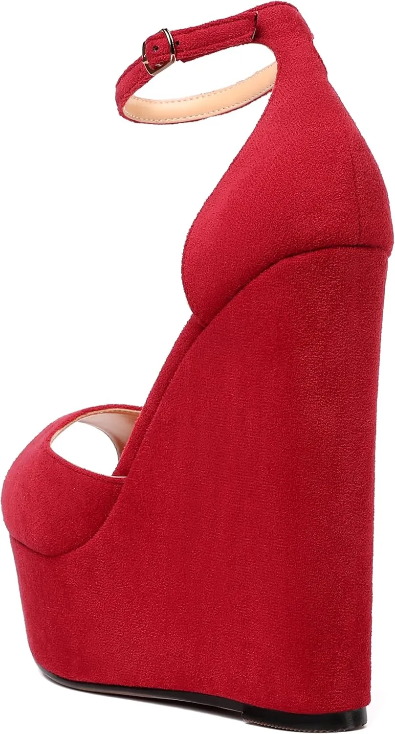 ROSERWISH Womens Sexy Peep Toe Night Club Ankle Strap Suede Buckle Platform Fashion Wedge High Heel Pumps Shoes 6 Inch