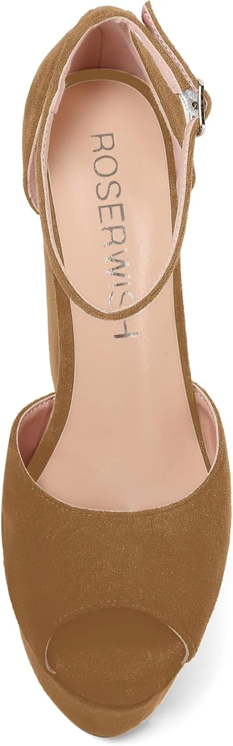 ROSERWISH Womens Sexy Peep Toe Night Club Ankle Strap Suede Buckle Platform Fashion Wedge High Heel Pumps Shoes 6 Inch