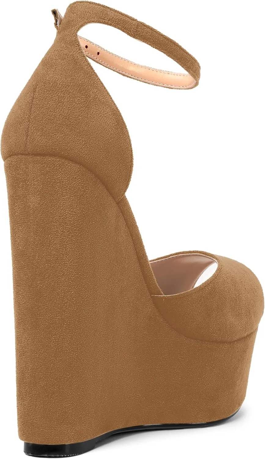 ROSERWISH Womens Sexy Peep Toe Night Club Ankle Strap Suede Buckle Platform Fashion Wedge High Heel Pumps Shoes 6 Inch