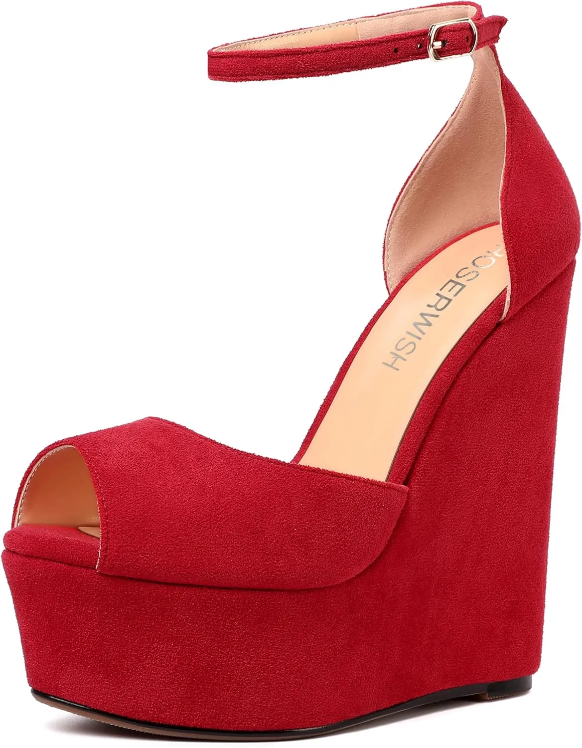 ROSERWISH Womens Sexy Peep Toe Night Club Ankle Strap Suede Buckle Platform Fashion Wedge High Heel Pumps Shoes 6 Inch