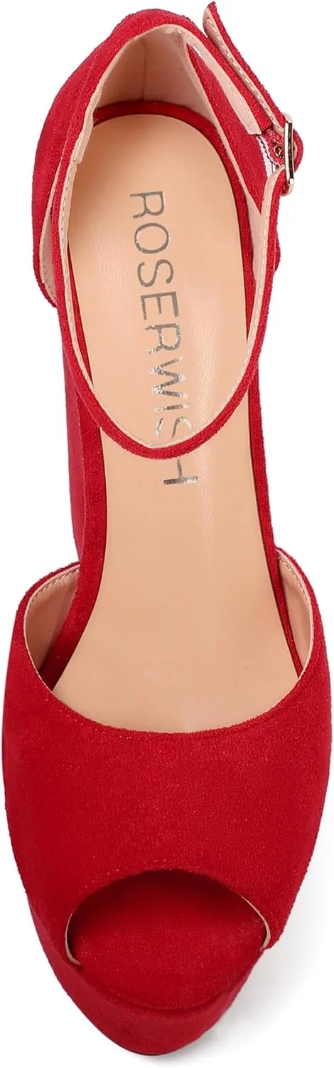 ROSERWISH Womens Sexy Peep Toe Night Club Ankle Strap Suede Buckle Platform Fashion Wedge High Heel Pumps Shoes 6 Inch