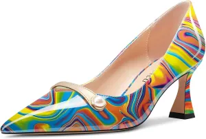 Saekcted Women Chunky Block Mid Heel Pointed Toe Pumps Slip-on Pearls Prom Dress 2.6 Inches Heels