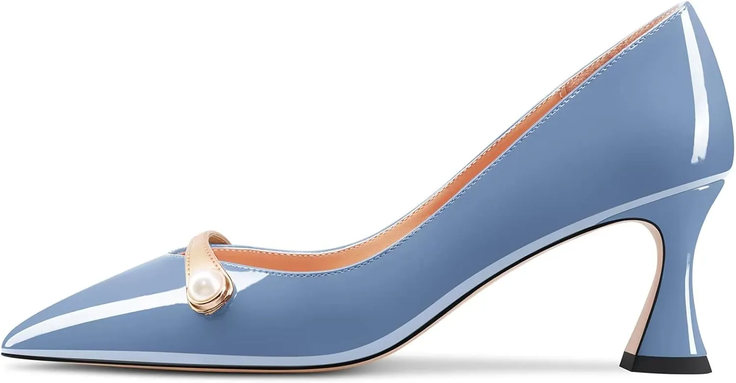 Saekcted Women Chunky Block Mid Heel Pointed Toe Pumps Slip-on Pearls Prom Dress 2.6 Inches Heels