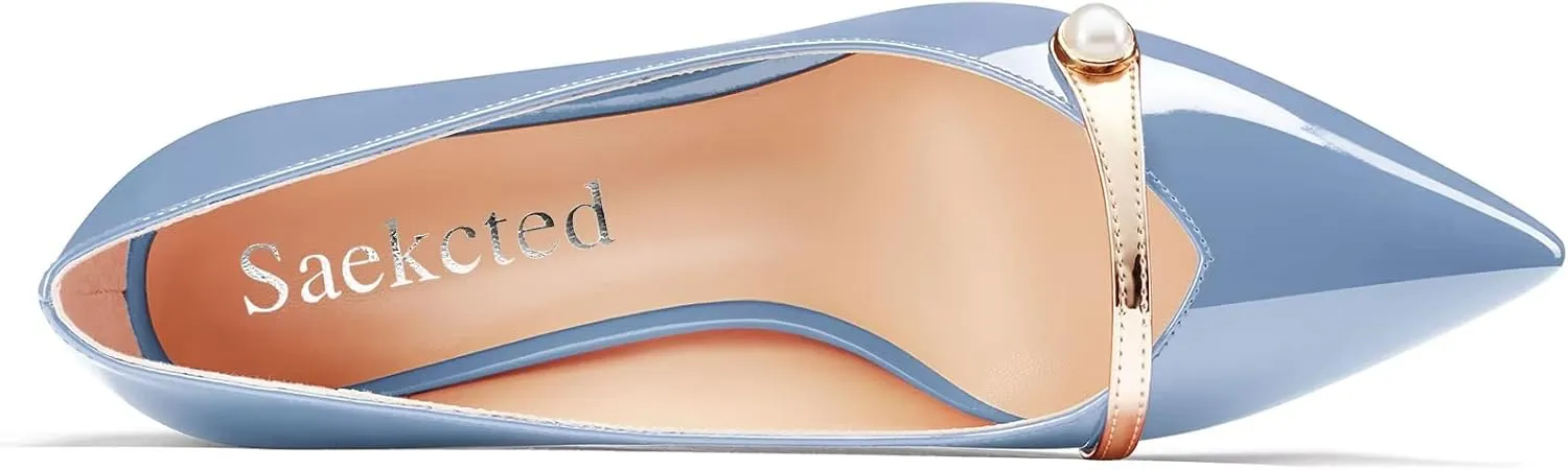 Saekcted Women Chunky Block Mid Heel Pointed Toe Pumps Slip-on Pearls Prom Dress 2.6 Inches Heels