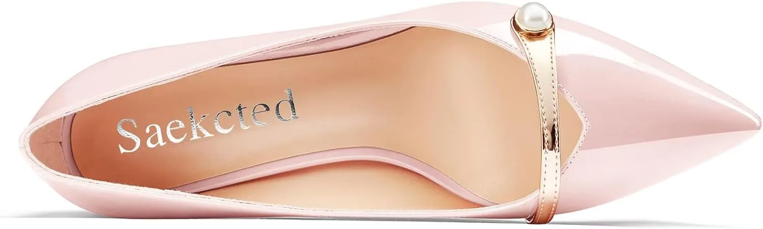 Saekcted Women Chunky Block Mid Heel Pointed Toe Pumps Slip-on Pearls Prom Dress 2.6 Inches Heels