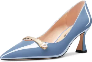Saekcted Women Chunky Block Mid Heel Pointed Toe Pumps Slip-on Pearls Prom Dress 2.6 Inches Heels