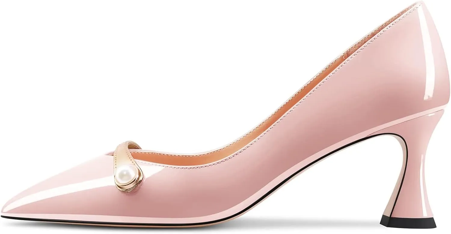 Saekcted Women Chunky Block Mid Heel Pointed Toe Pumps Slip-on Pearls Prom Dress 2.6 Inches Heels