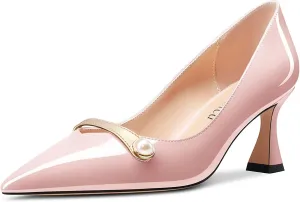 Saekcted Women Chunky Block Mid Heel Pointed Toe Pumps Slip-on Pearls Prom Dress 2.6 Inches Heels