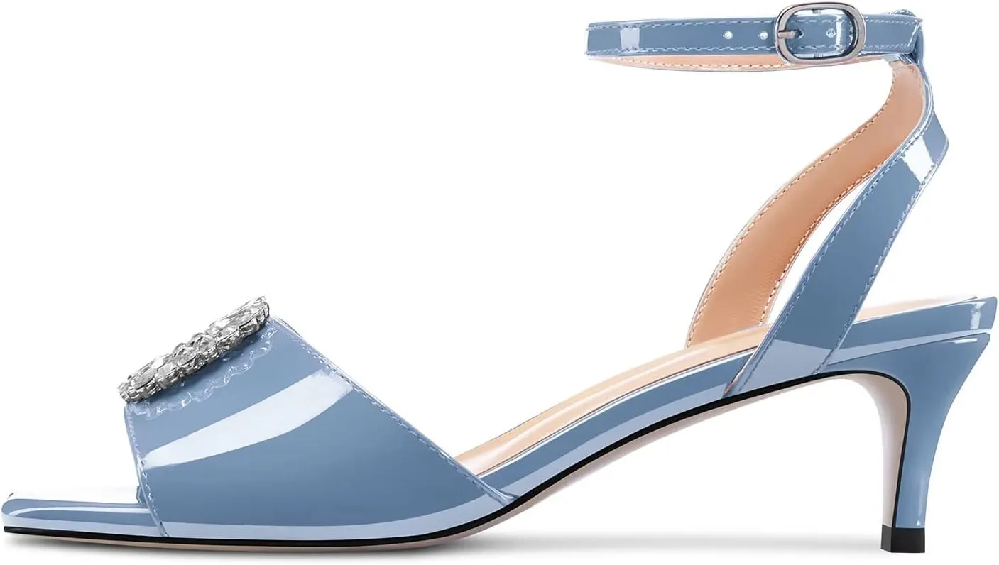 Saekcted Women Mid Heel Peep Open Toe Sandals Ankle Strap Rhinestone Crystal Party Cute Shoes