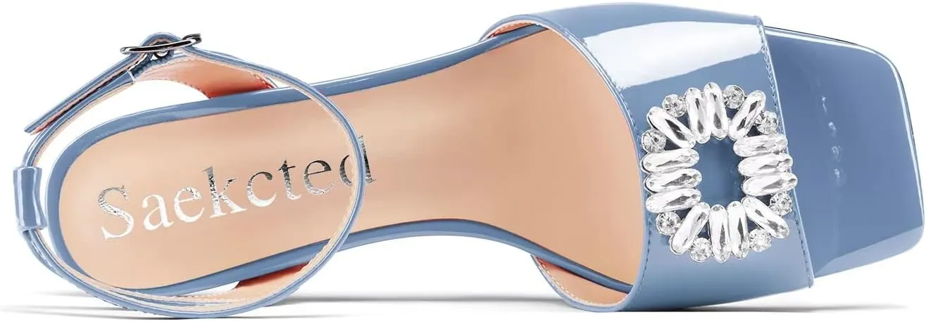 Saekcted Women Mid Heel Peep Open Toe Sandals Ankle Strap Rhinestone Crystal Party Cute Shoes