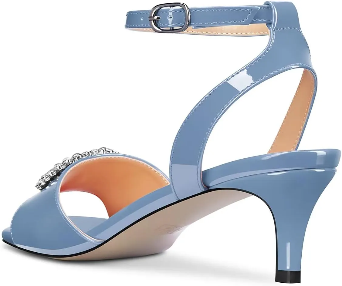 Saekcted Women Mid Heel Peep Open Toe Sandals Ankle Strap Rhinestone Crystal Party Cute Shoes
