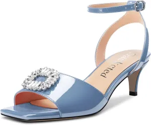 Saekcted Women Mid Heel Peep Open Toe Sandals Ankle Strap Rhinestone Crystal Party Cute Shoes