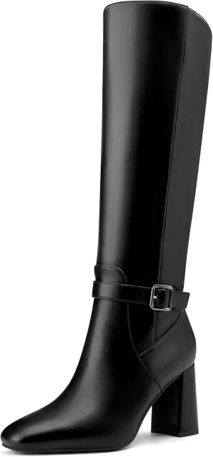 Saekcted Womens Chunky Block Mid Heel High Heel Square Toe Knee High Boots Slip-on Buckle Party Dress Boots