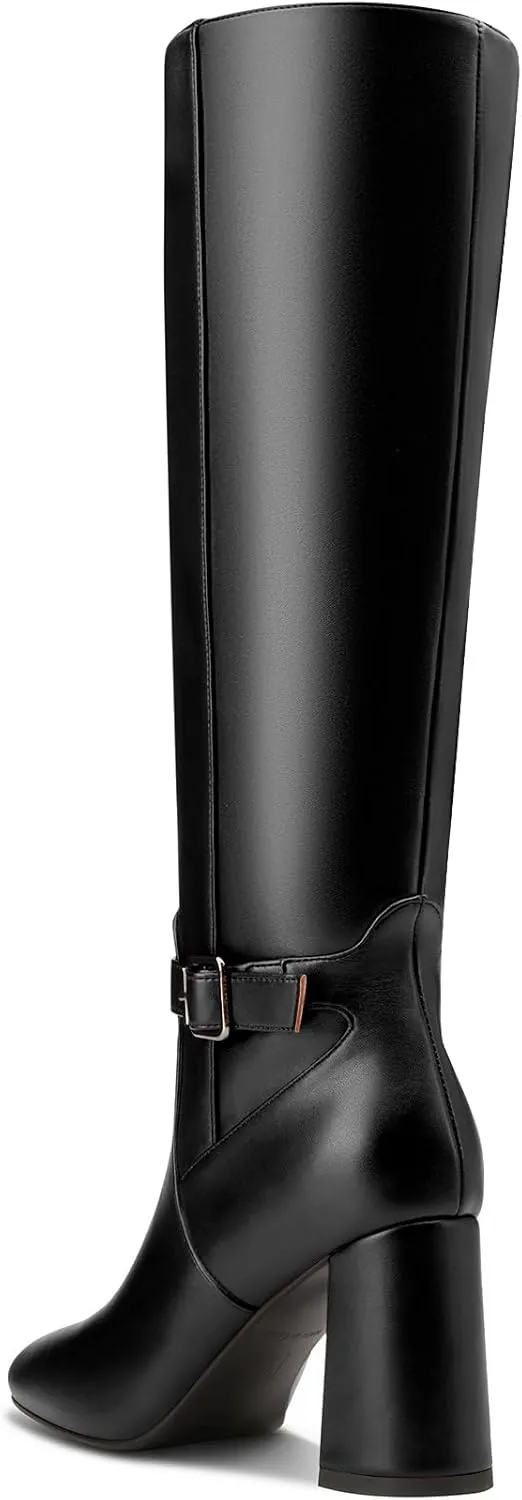 Saekcted Womens Chunky Block Mid Heel High Heel Square Toe Knee High Boots Slip-on Buckle Party Dress Boots