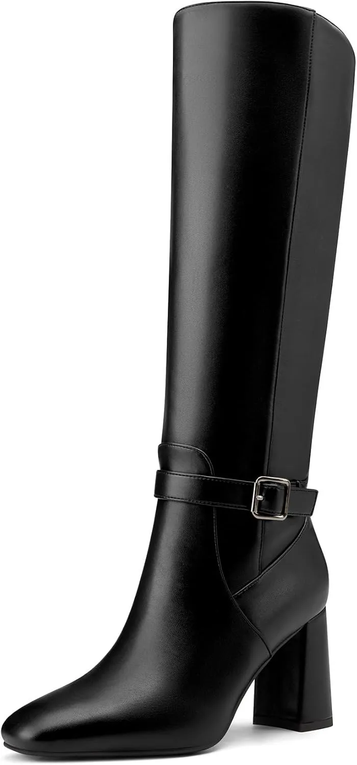 Saekcted Womens Chunky Block Mid Heel High Heel Square Toe Knee High Boots Slip-on Buckle Party Dress Boots