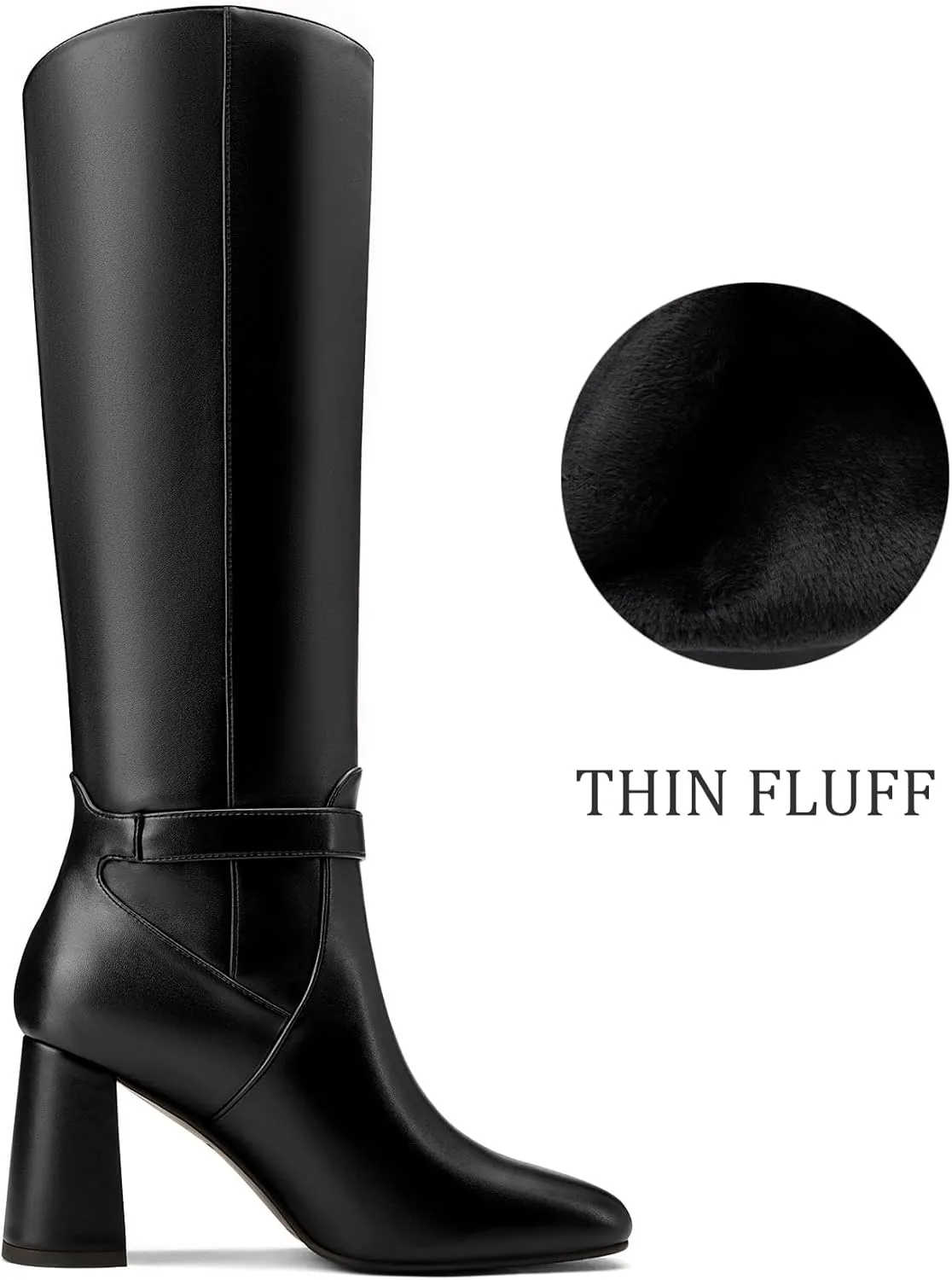 Saekcted Womens Chunky Block Mid Heel High Heel Square Toe Knee High Boots Slip-on Buckle Party Dress Boots
