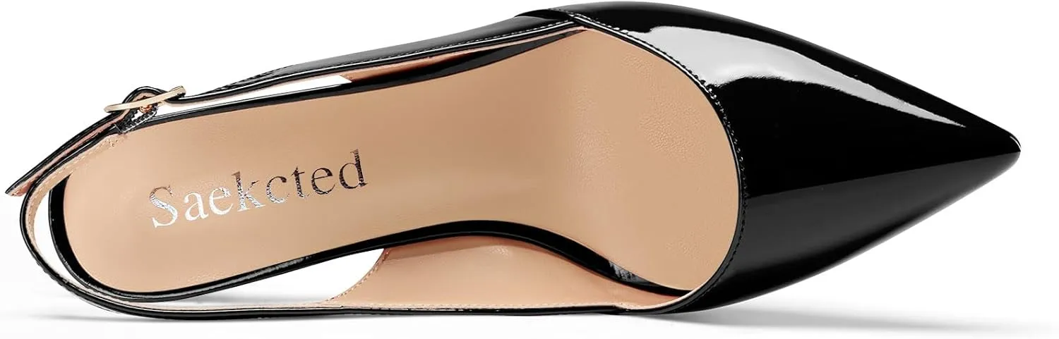 Saekcted Womens Mid Heel Pointed Toe Pumps Ankle Strap Slingback Slip-on Prom Cute Patent Leather Summer 2.6 Inches Heels