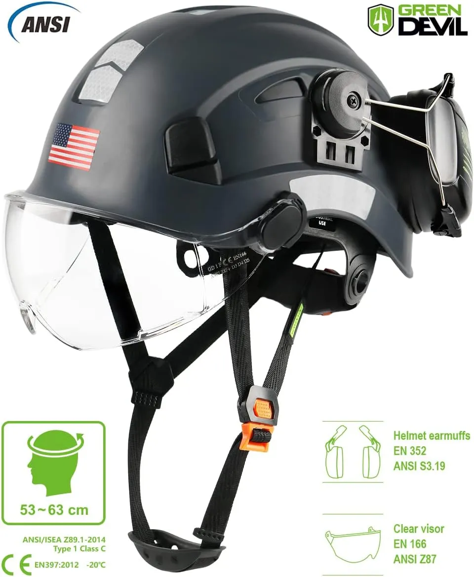 Safety Helmet Hard Hat with Visor and Ear Protection Adjustable Lightweight Vented ABS Work Helmet for Men and Women 6-Point Suspension ANSI Z89.1 Approved Ideal for Industrial & Construction
