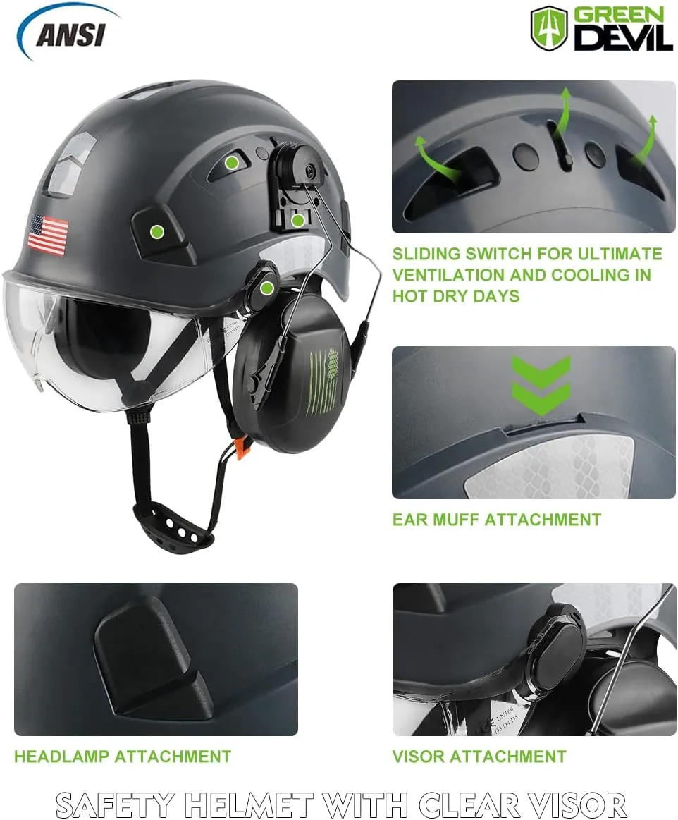 Safety Helmet Hard Hat with Visor and Ear Protection Adjustable Lightweight Vented ABS Work Helmet for Men and Women 6-Point Suspension ANSI Z89.1 Approved Ideal for Industrial & Construction
