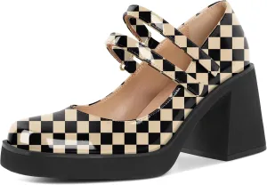 SAMMITOP Women's Platform Mary Jane Pumps Two Strap Square Toe Chunky Block High Heels Fashion Wedding Party Shoes 3.5 Inch