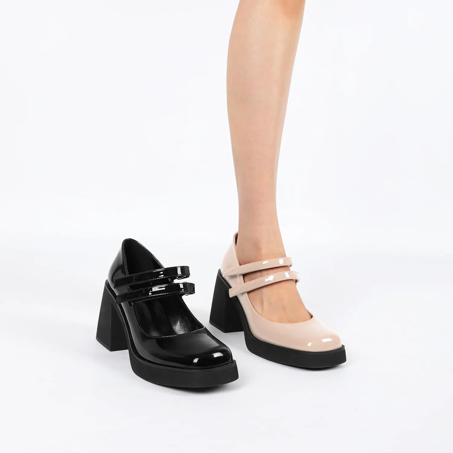 SAMMITOP Women's Platform Mary Jane Pumps Two Strap Square Toe Chunky Block High Heels Fashion Wedding Party Shoes 3.5 Inch