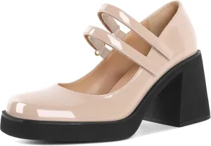 SAMMITOP Women's Platform Mary Jane Pumps Two Strap Square Toe Chunky Block High Heels Fashion Wedding Party Shoes 3.5 Inch