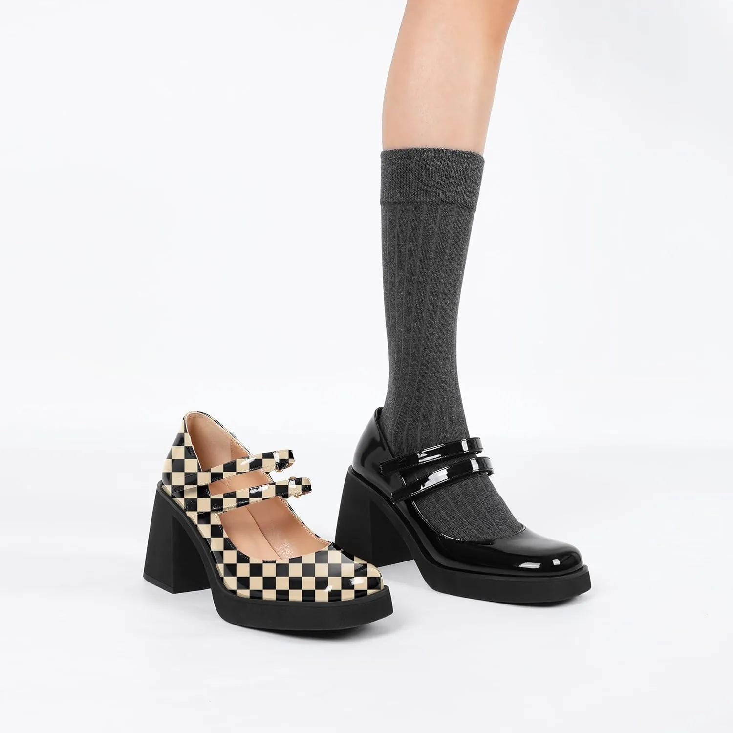 SAMMITOP Women's Platform Mary Jane Pumps Two Strap Square Toe Chunky Block High Heels Fashion Wedding Party Shoes 3.5 Inch