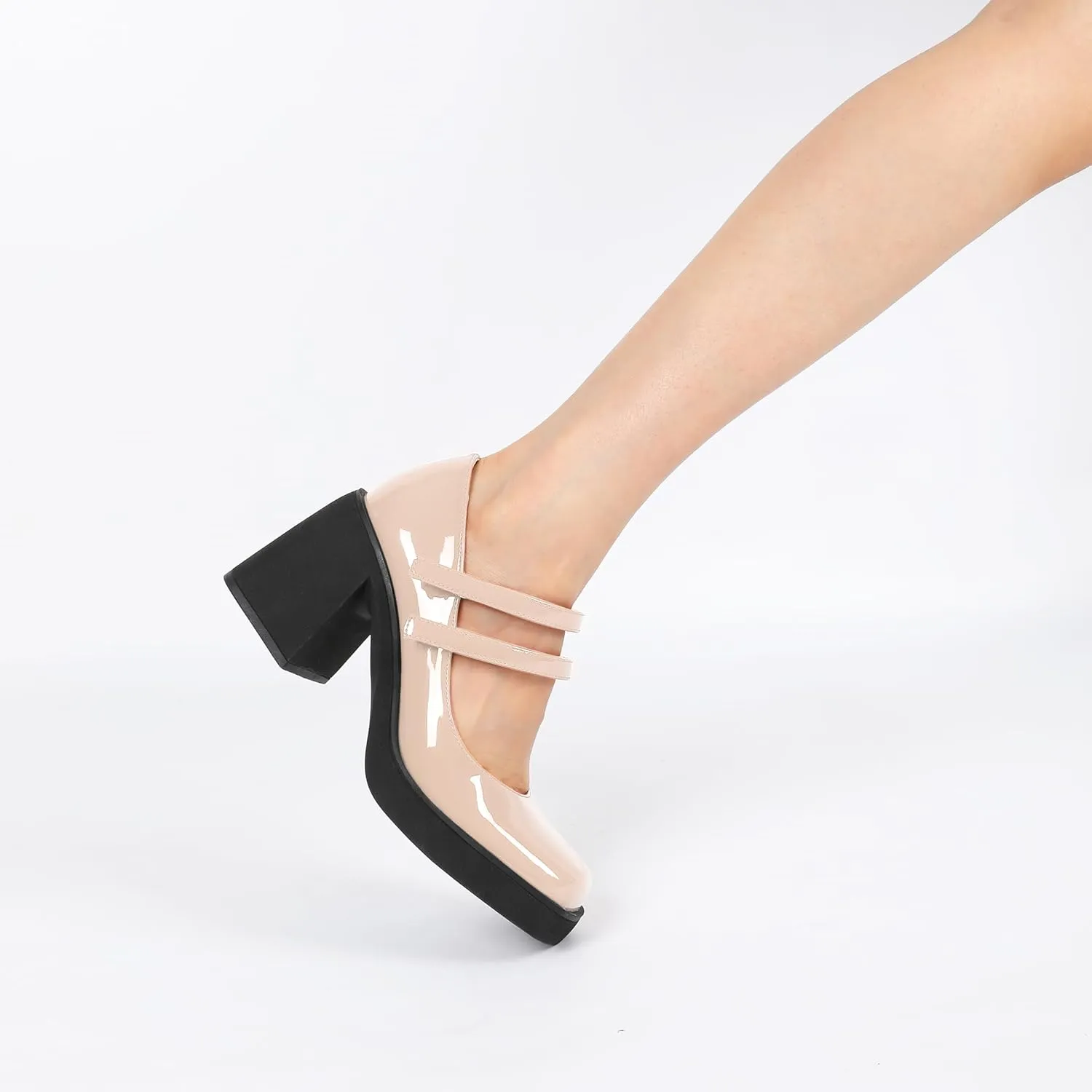 SAMMITOP Women's Platform Mary Jane Pumps Two Strap Square Toe Chunky Block High Heels Fashion Wedding Party Shoes 3.5 Inch