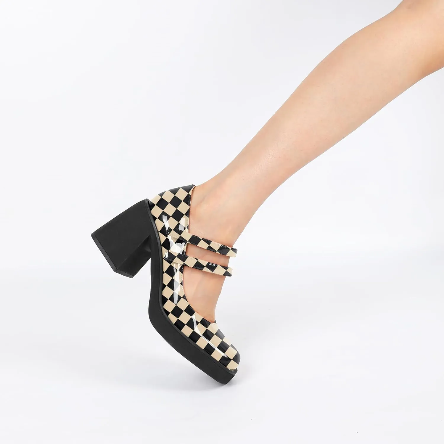 SAMMITOP Women's Platform Mary Jane Pumps Two Strap Square Toe Chunky Block High Heels Fashion Wedding Party Shoes 3.5 Inch