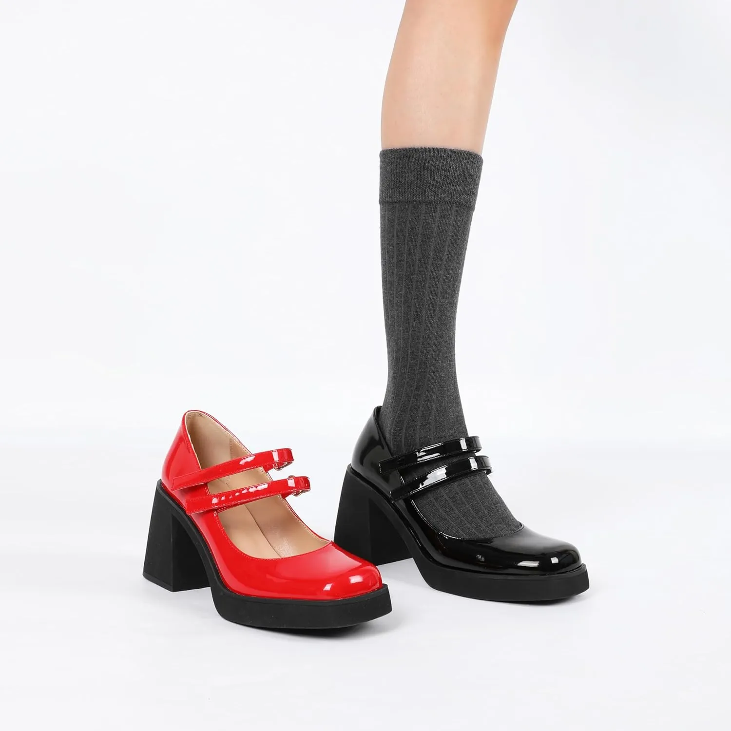 SAMMITOP Women's Platform Mary Jane Pumps Two Strap Square Toe Chunky Block High Heels Fashion Wedding Party Shoes 3.5 Inch