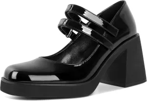 SAMMITOP Women's Platform Mary Jane Pumps Two Strap Square Toe Chunky Block High Heels Fashion Wedding Party Shoes 3.5 Inch