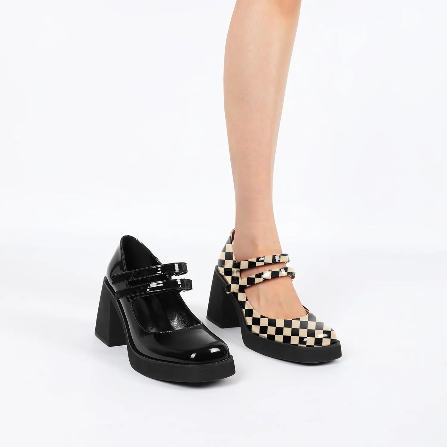 SAMMITOP Women's Platform Mary Jane Pumps Two Strap Square Toe Chunky Block High Heels Fashion Wedding Party Shoes 3.5 Inch
