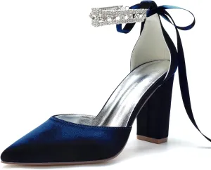 Sandal Satin Bridal Pointed Toe 9CM Block Heel Women's Ankle Strap Rhinestones Wedding Elegant Shoes Formal Pump Bowknot Strap