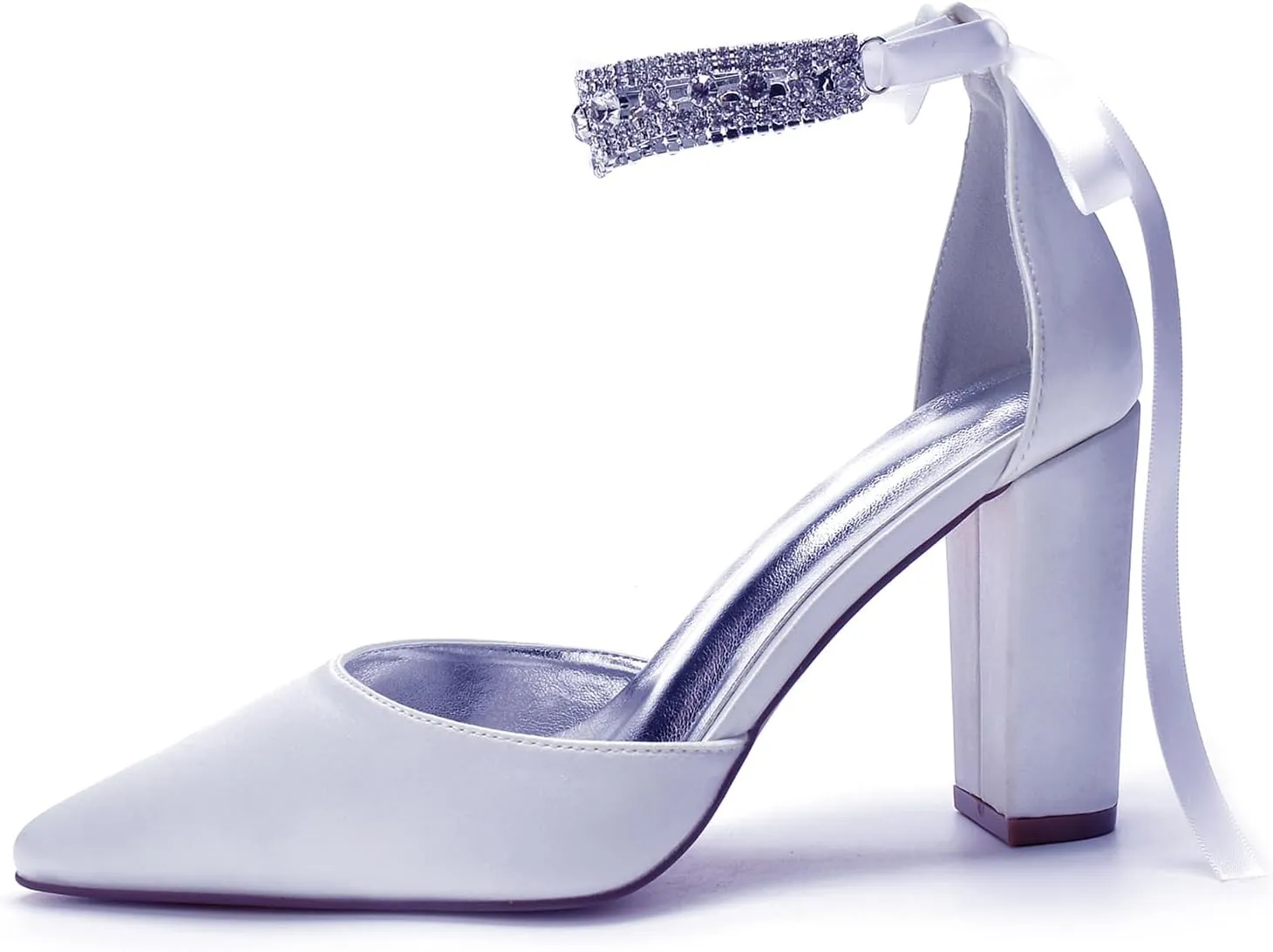 Sandal Satin Bridal Pointed Toe 9CM Block Heel Women's Ankle Strap Rhinestones Wedding Elegant Shoes Formal Pump Bowknot Strap