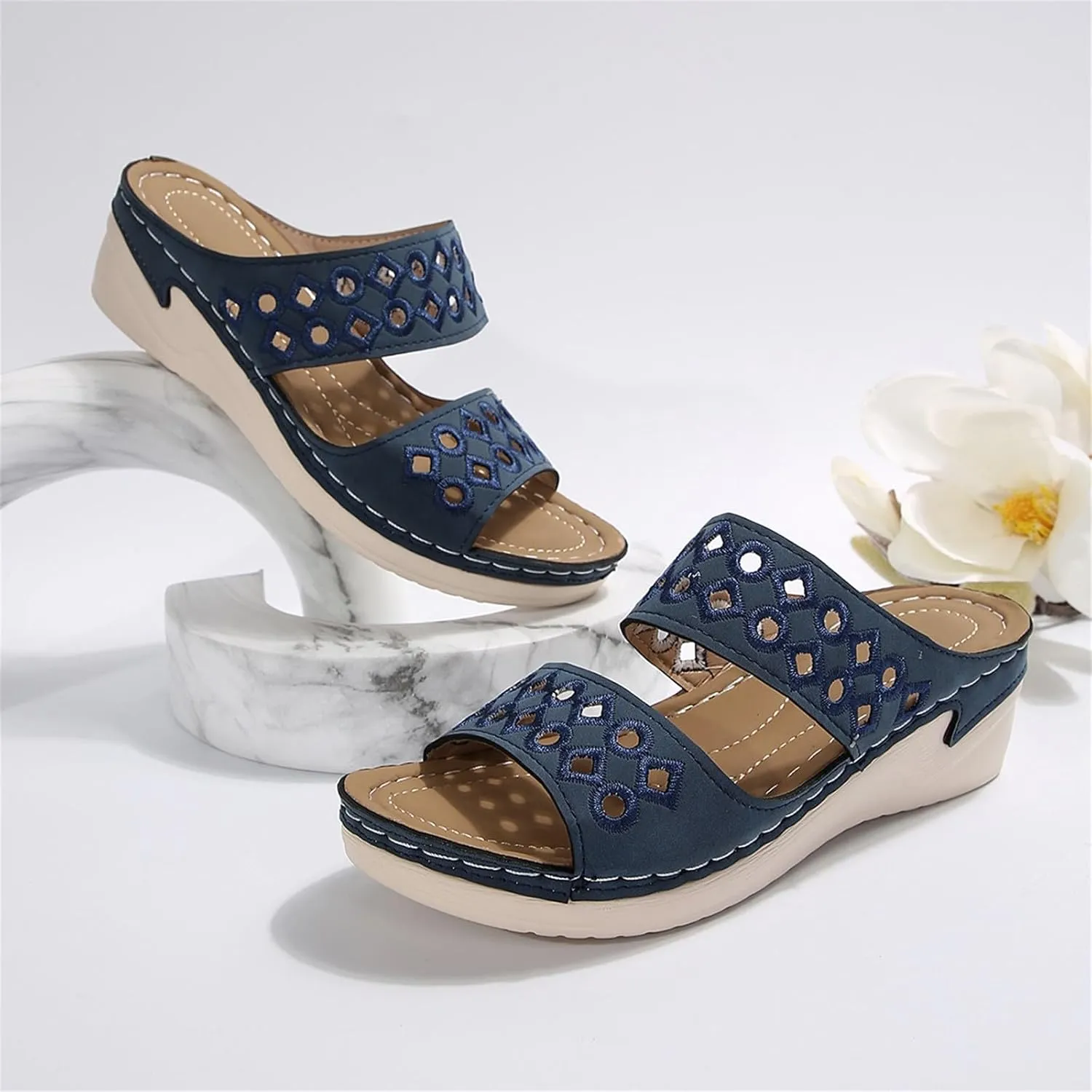 Sandals for Women 2025 Wide Width Comfortable Arch Support Orthopedic Slip On Sandals Orthotic Embroidered Slippers