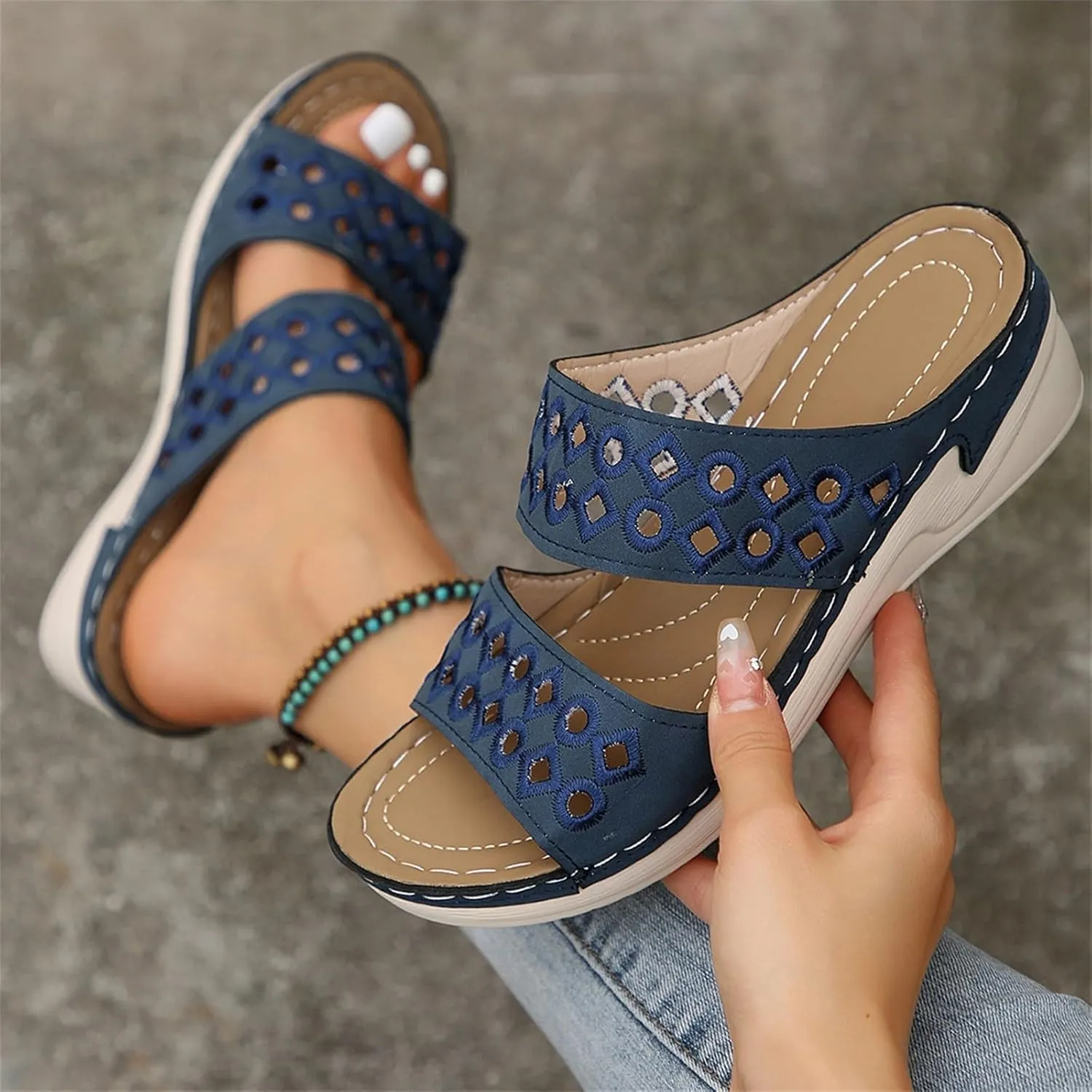 Sandals for Women 2025 Wide Width Comfortable Arch Support Orthopedic Slip On Sandals Orthotic Embroidered Slippers