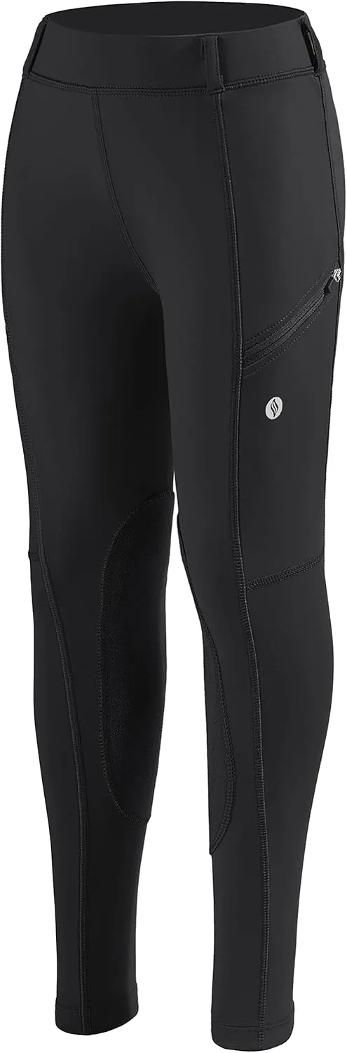 SANTINY Girls Horse Riding Pants with Zipper Pockets Kids Stretchy Equestrian Breeches Knee-Patch Youth Schooling Tights