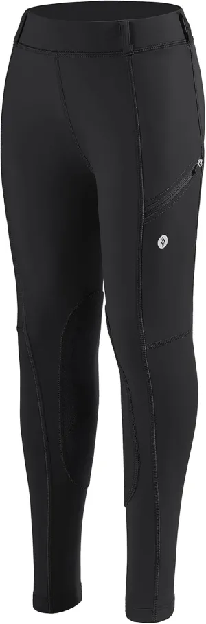 SANTINY Girls Horse Riding Pants with Zipper Pockets Kids Stretchy Equestrian Breeches Knee-Patch Youth Schooling Tights