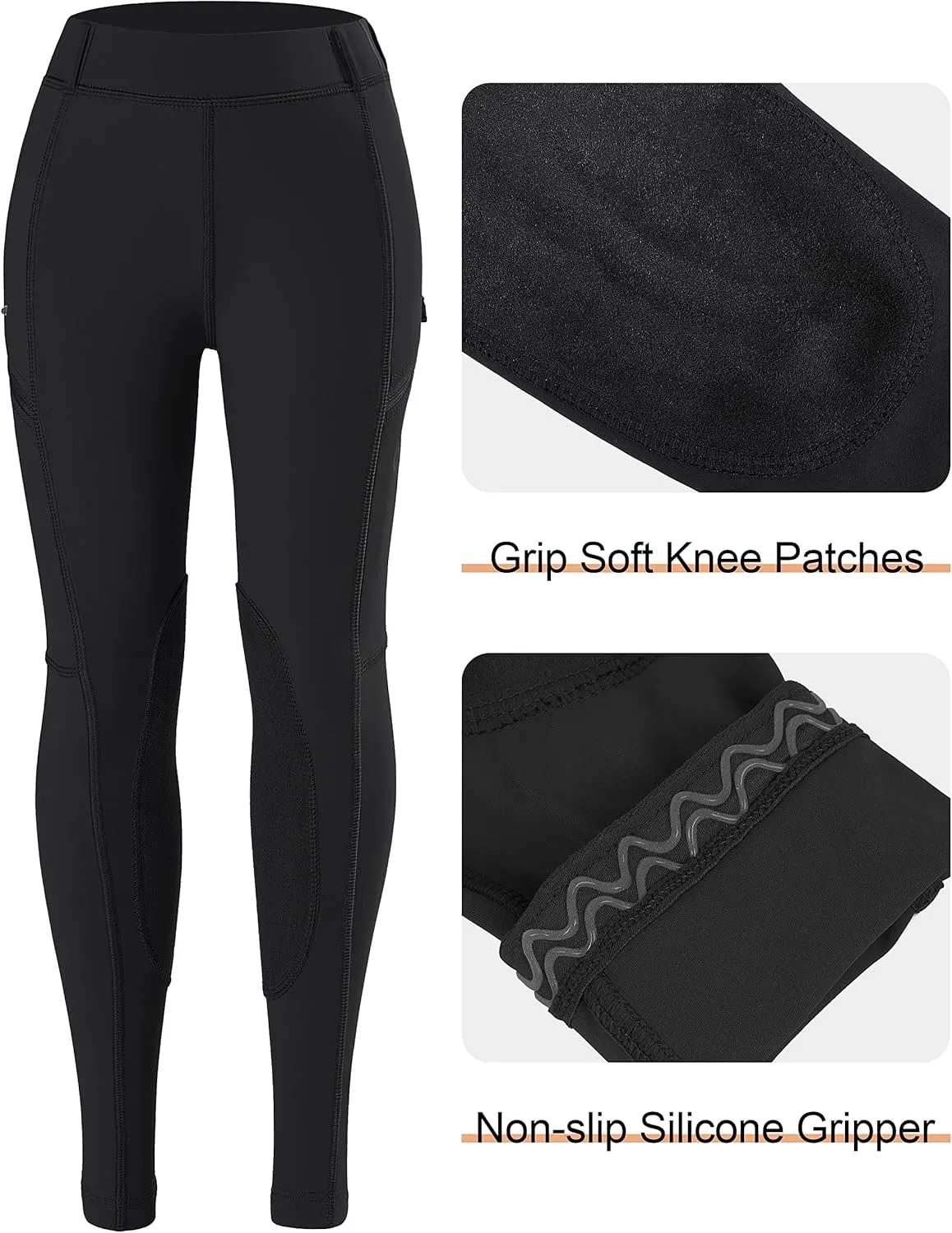 SANTINY Girls Horse Riding Pants with Zipper Pockets Kids Stretchy Equestrian Breeches Knee-Patch Youth Schooling Tights
