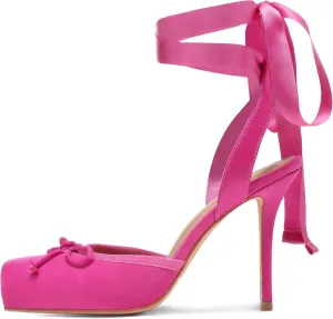 Satin Ballet Heels for Women Closed Square Toe Bow Ballerina Heels Lace Up High Heel Slingback Pumps Strappy Stiletto Mary Janes Elegant Party Shoes