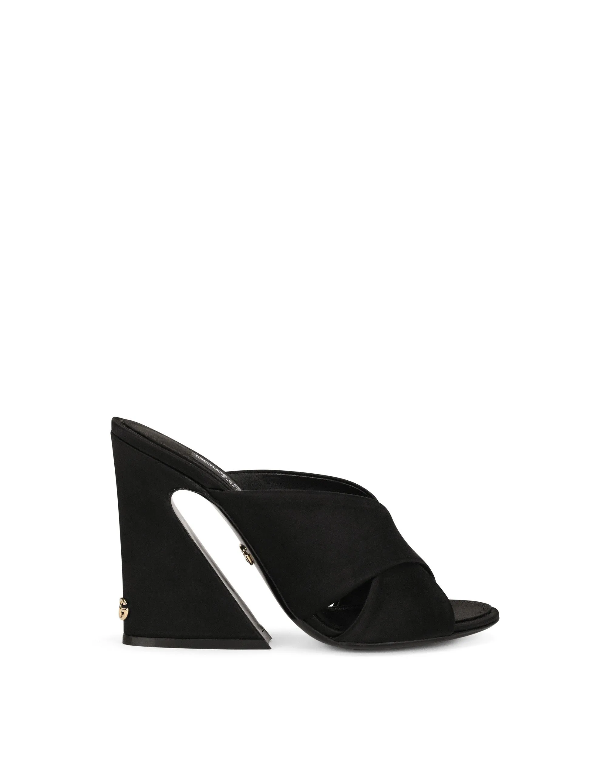 Satin mules with geometric heel