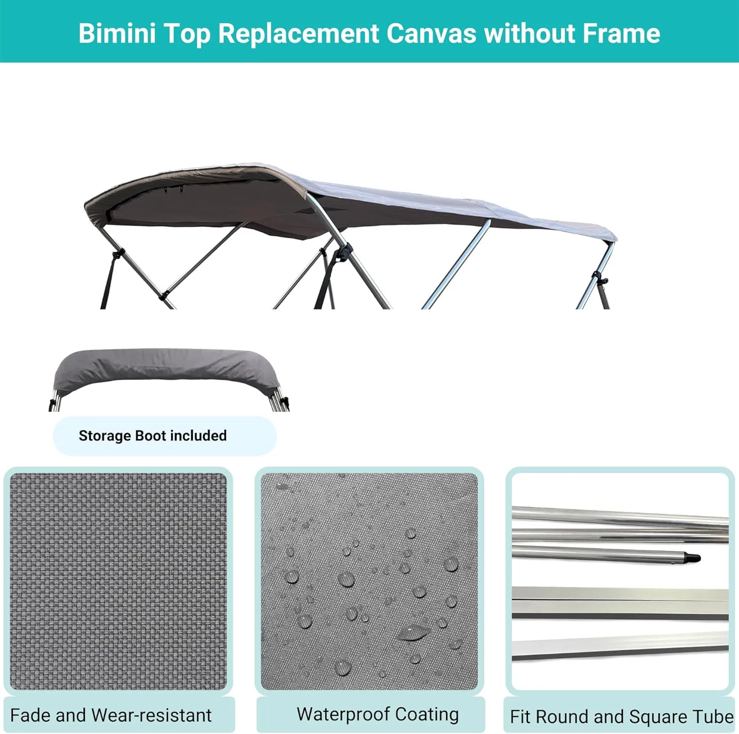 SavvyCraft 3 Bow Bimini Top Replacement Canvas Cover, Durable Marine Grade Canvas Boat Canopy with Storage Boot/Without Frame, 3 Bow 72" L 91"-96" W Grey Color