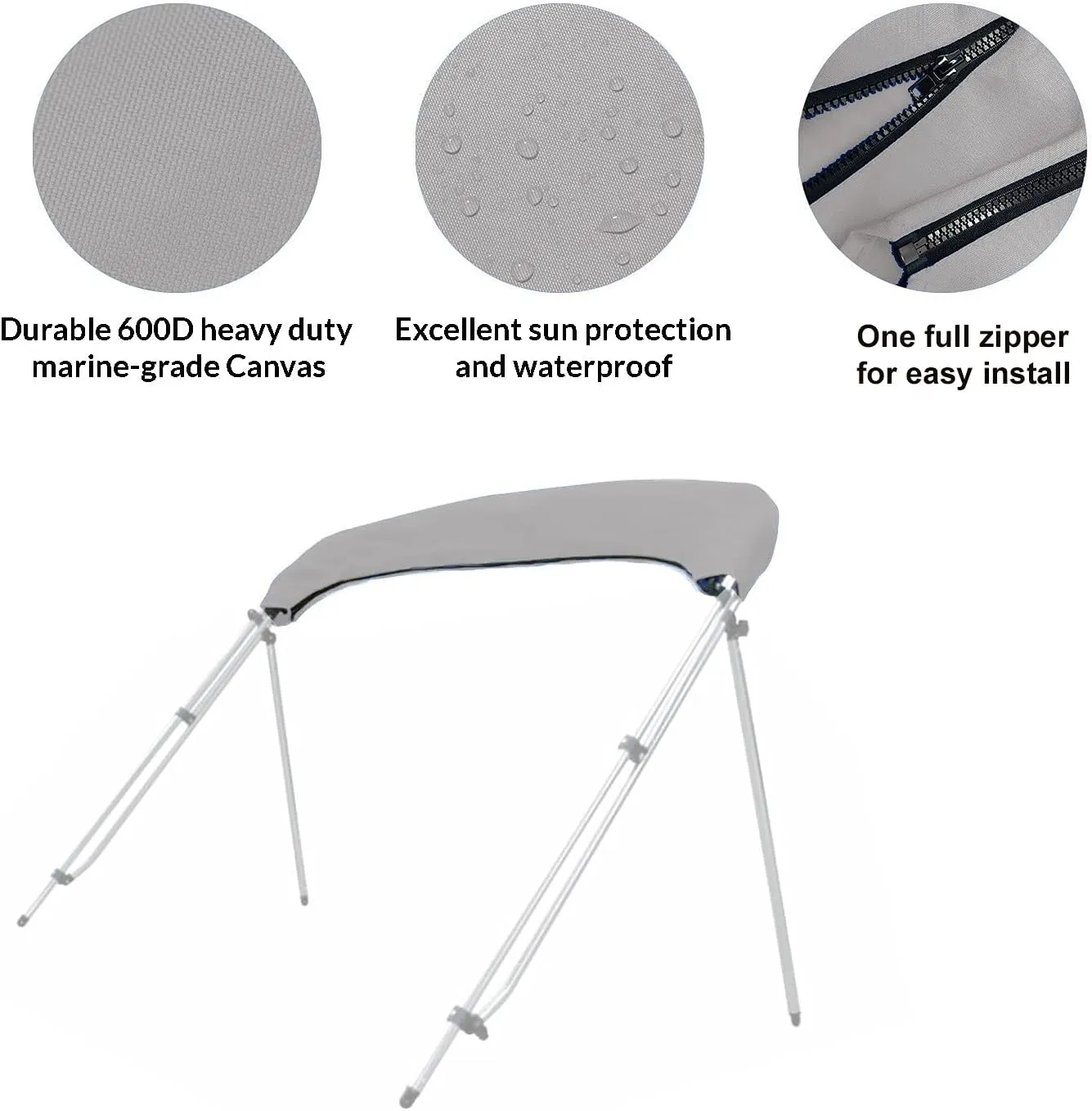 SavvyCraft 3 Bow Bimini Top Replacement Canvas Cover, Durable Marine Grade Canvas Boat Canopy with Storage Boot/Without Frame, 3 Bow 72" L 91"-96" W Grey Color
