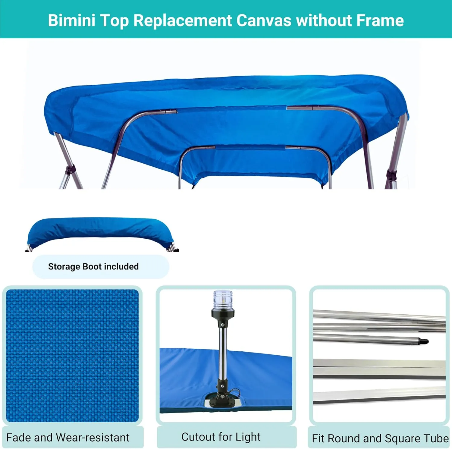 SavvyCraft 4 Bow Bimini Top Replacement Cover 9 Colors Options 8ft and 10ft Long, Durable Marine Grade Canvas Sun Shade Boat Canopy, Easy Install Zipper Sleeves, Replacement Canvas Only No Fram